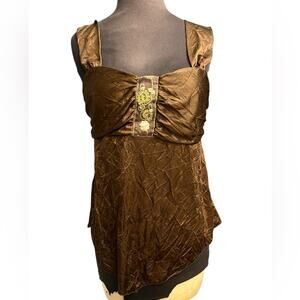 Y2K Brown Crinkled Beaded Babydoll Regency Glam Boho Cami Going Out Tank Top L
